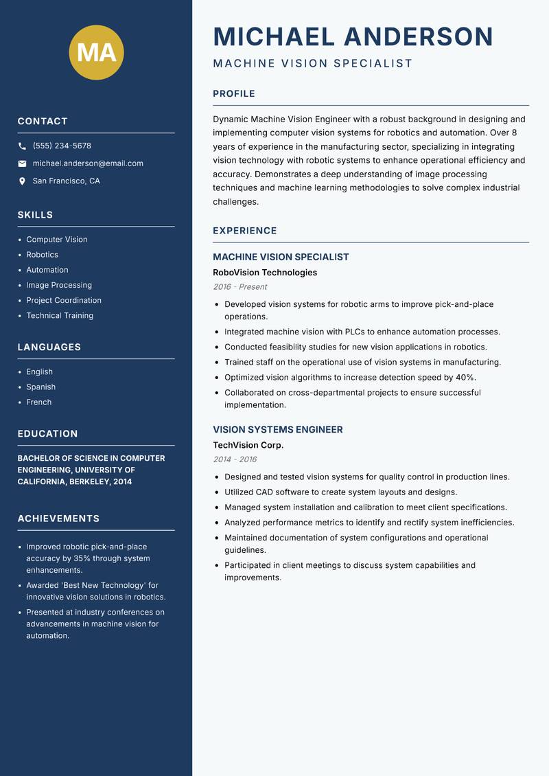 Machine Vision Engineer Resume Preview Example