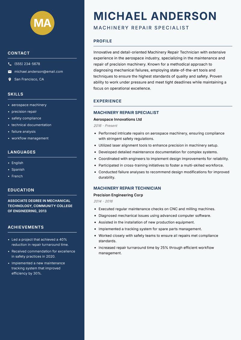 Machinery Repair Technician Resume Preview Example