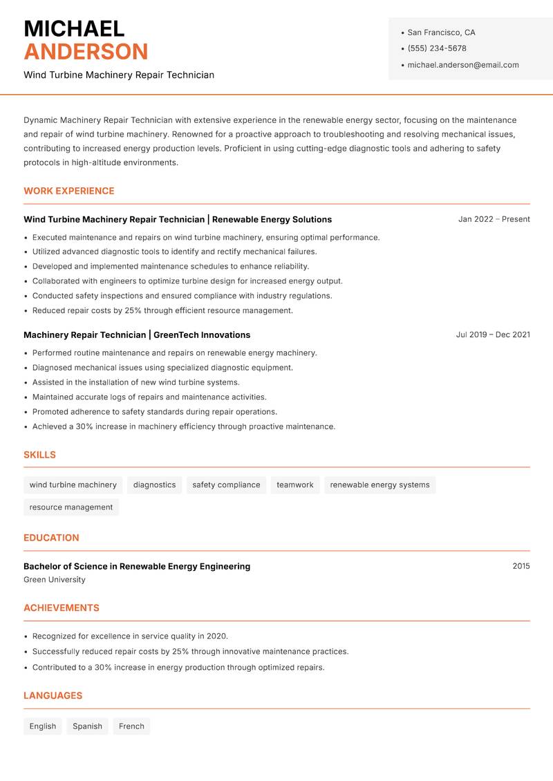 Machinery Repair Technician Resume Template