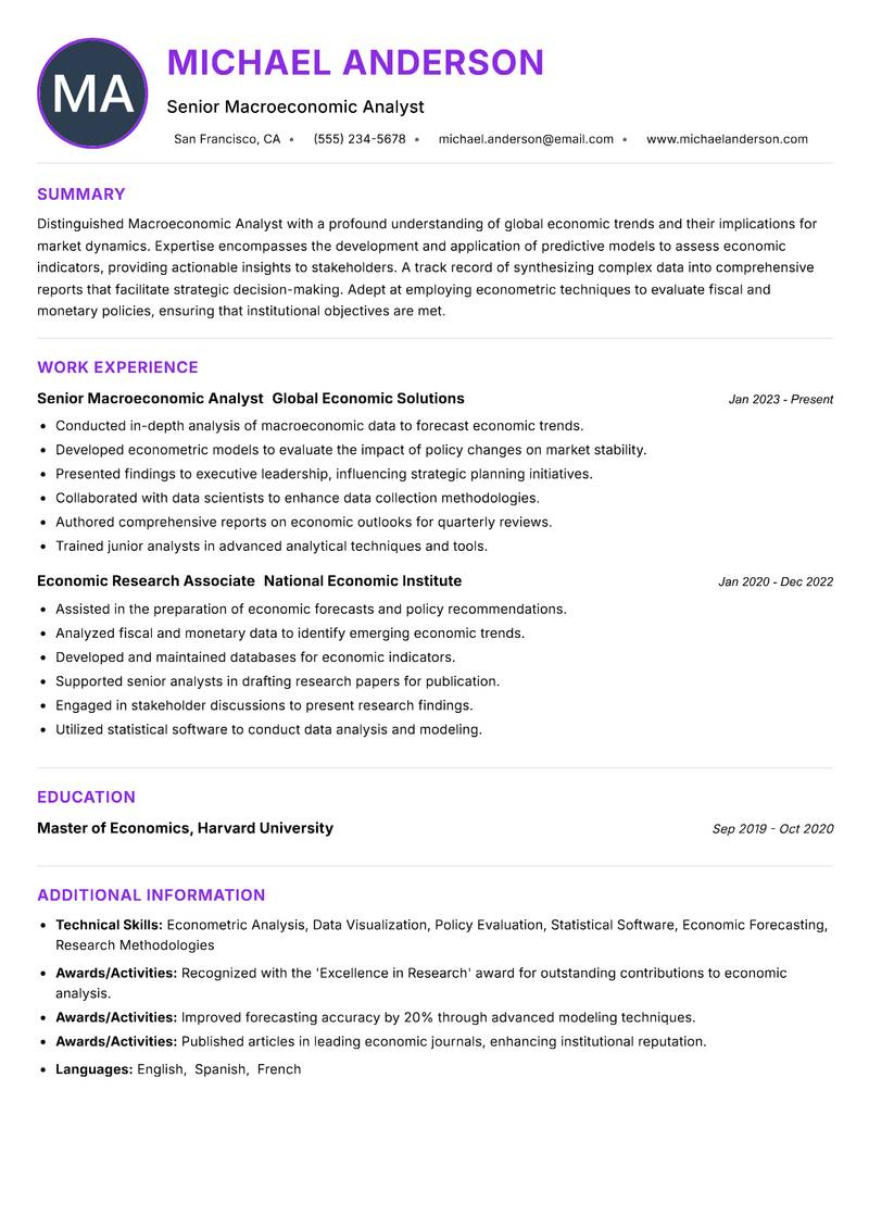 Macroeconomic Analyst Resume Preview Example