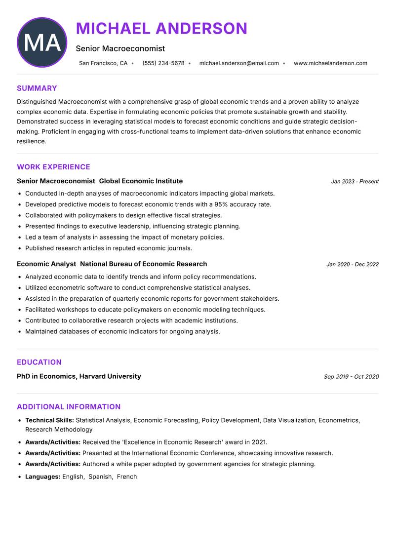 Macroeconomist Resume Preview Example