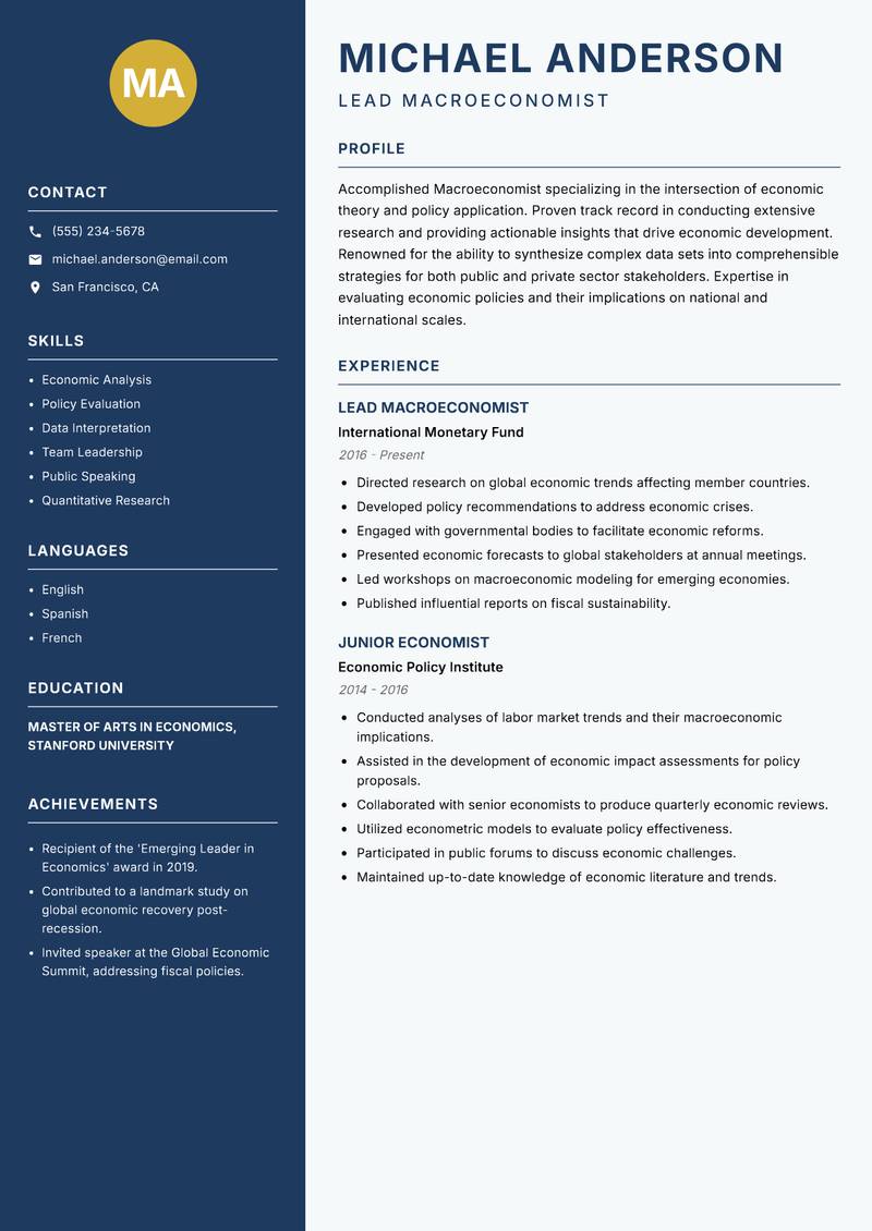 Macroeconomist Resume Preview Example