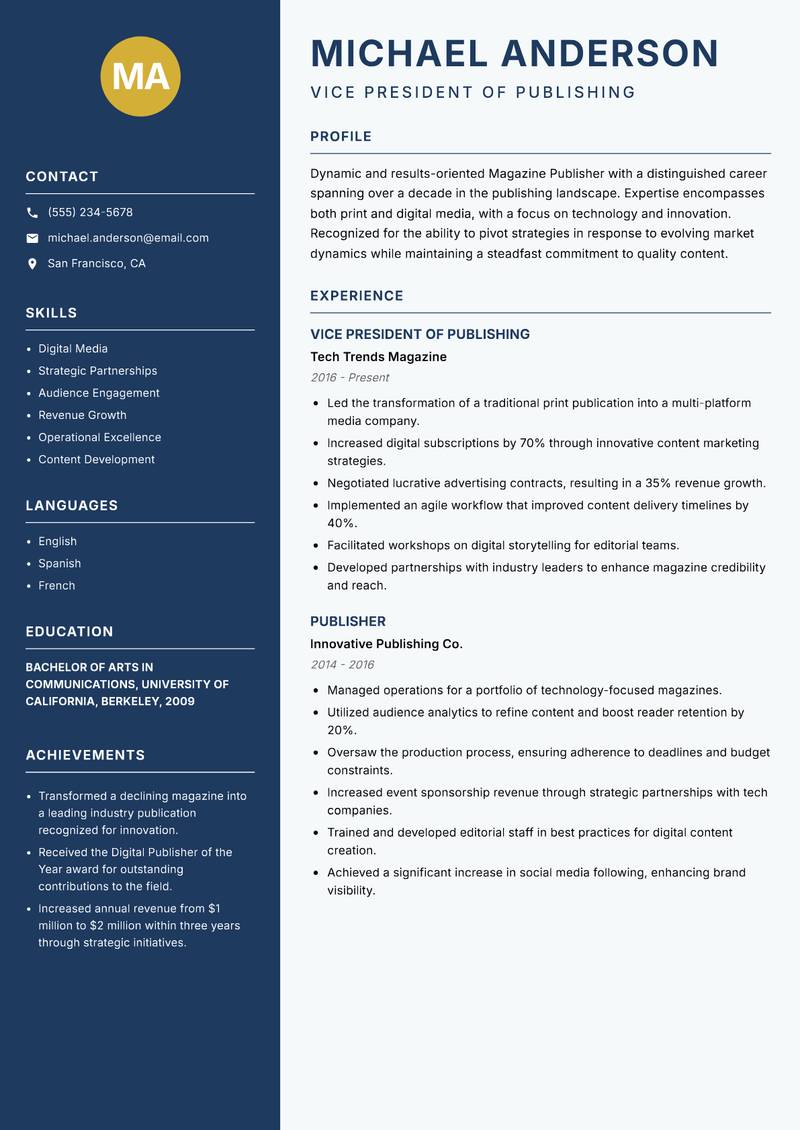 Magazine Publisher Resume Preview Example