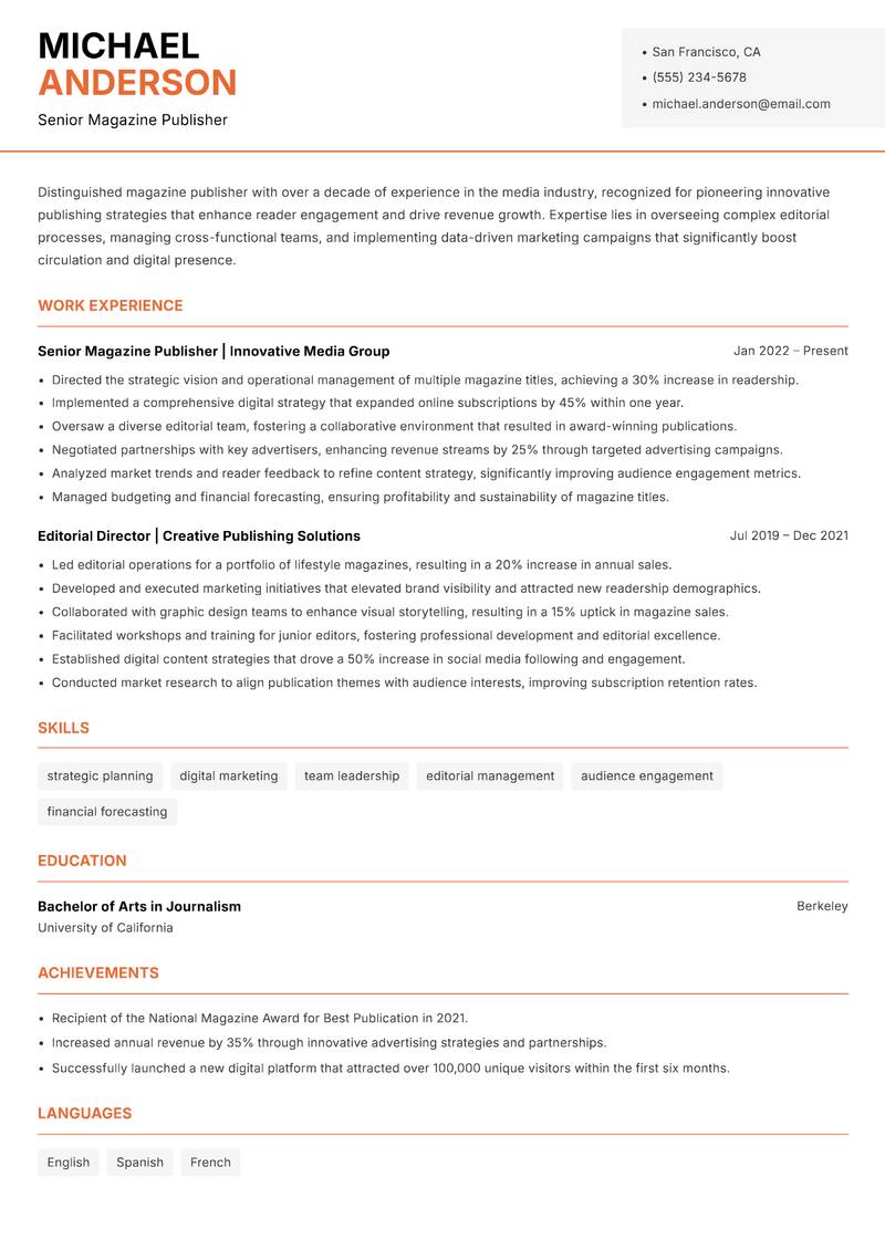 Magazine Publisher Resume Template