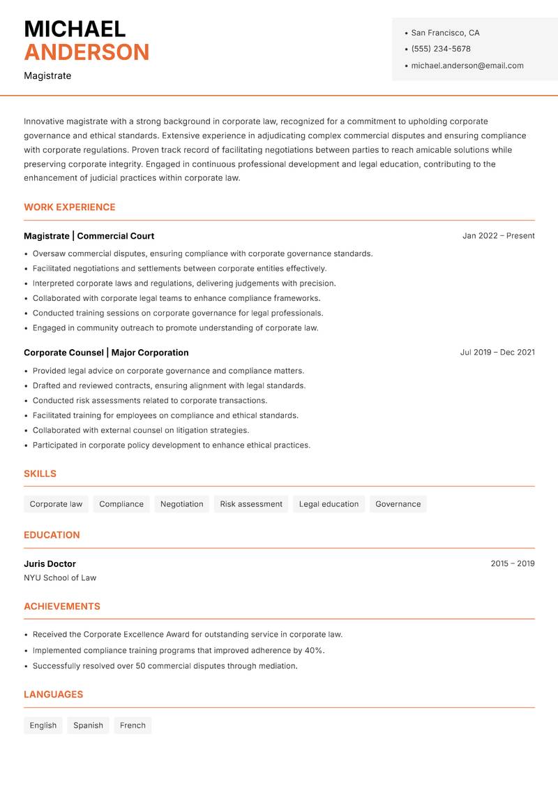 Magistrate Resume Template