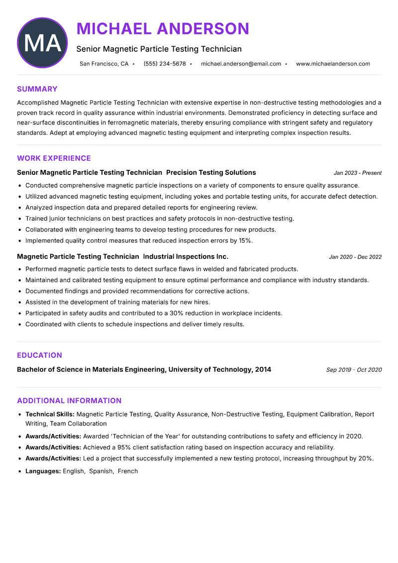 Magnetic Particle Testing Technician Resume Preview Example
