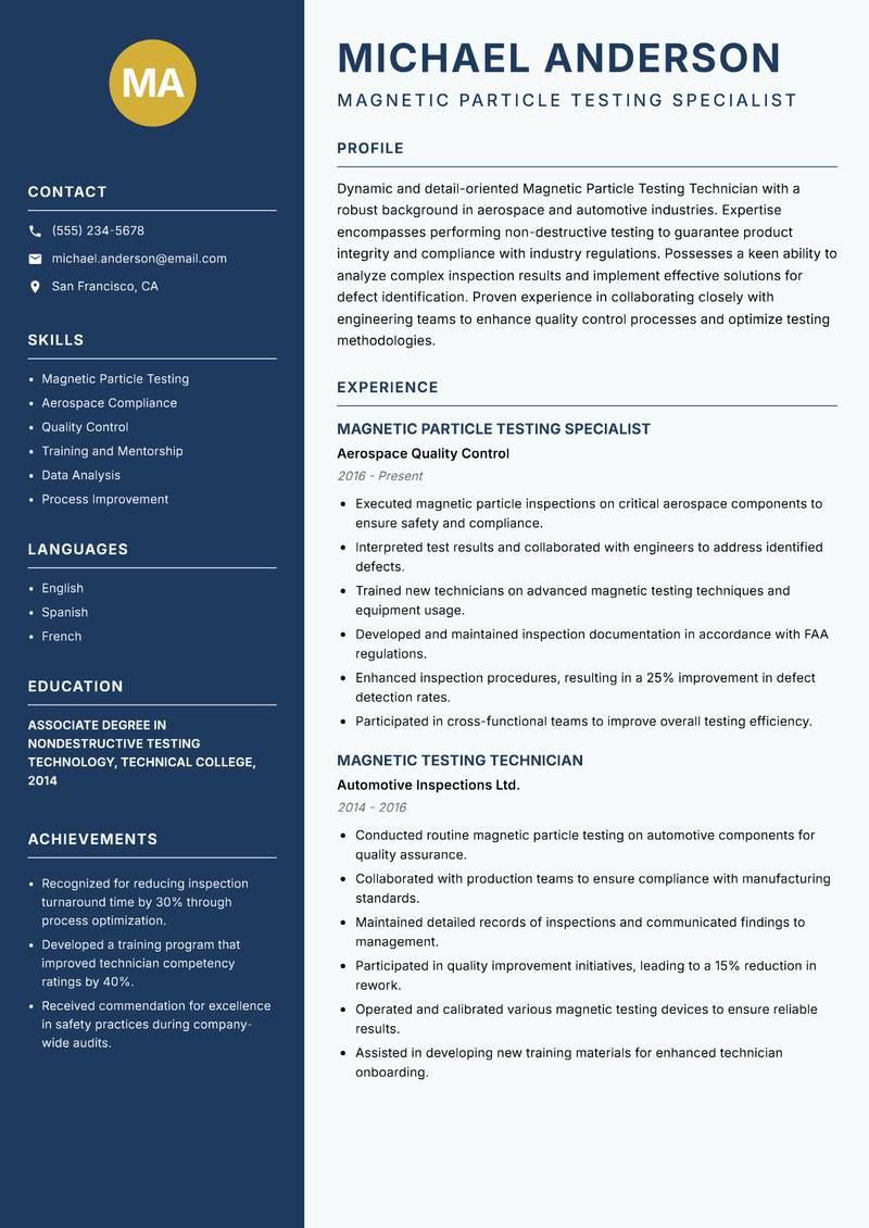 Magnetic Particle Testing Technician Resume Preview Example