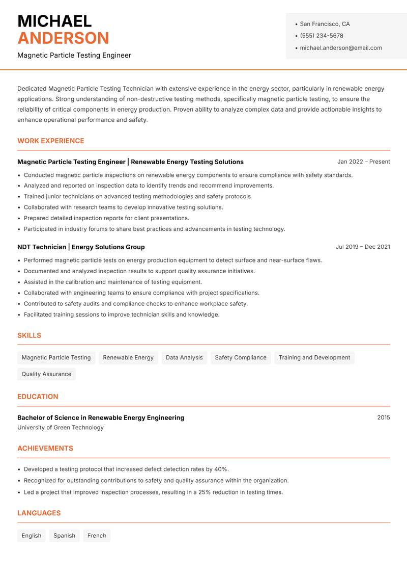 Magnetic Particle Testing Technician Resume Template