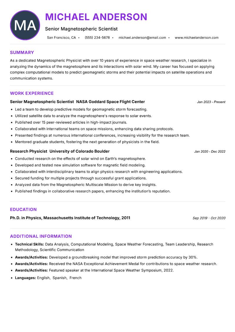 Magnetospheric Physicist Resume Preview Example