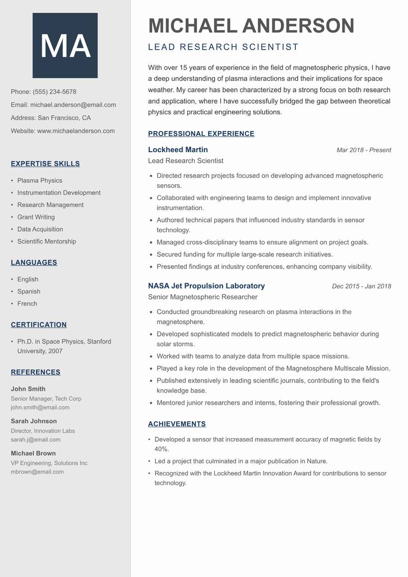 Magnetospheric Physicist Resume Preview Example