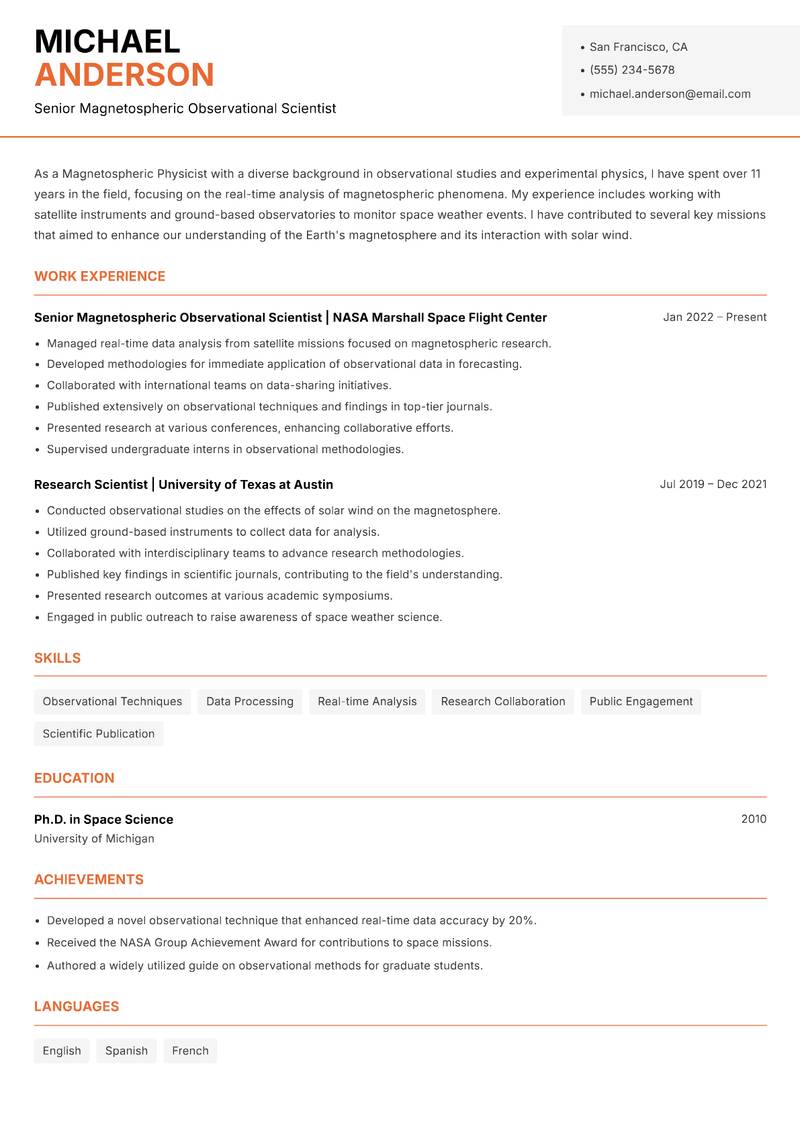 Magnetospheric Physicist Resume Template