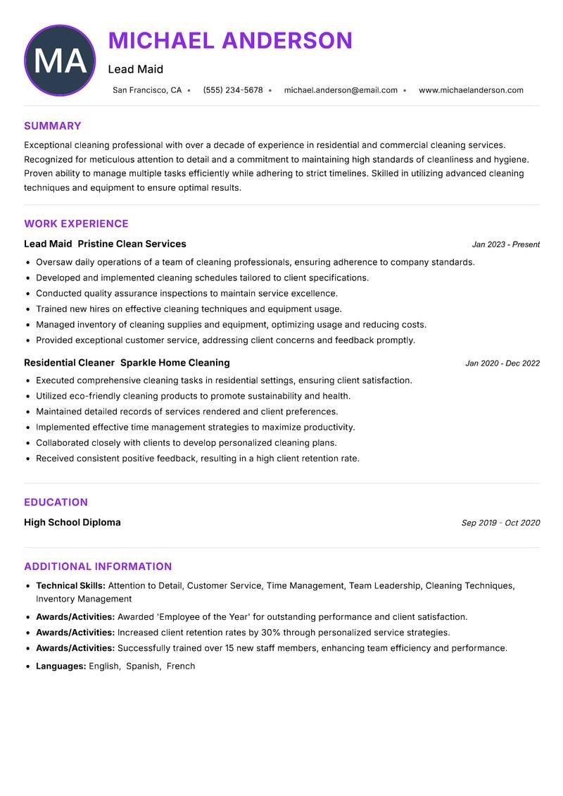 Maid Resume Preview Example