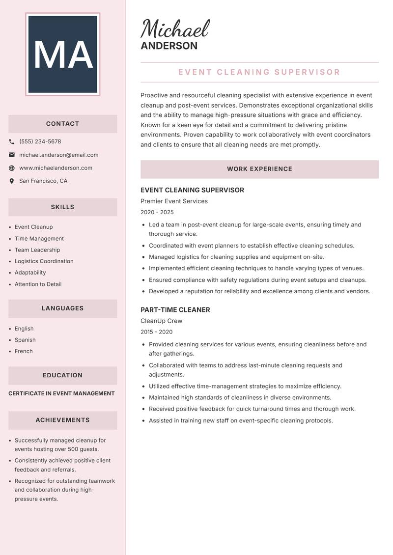 Maid Resume Preview Example