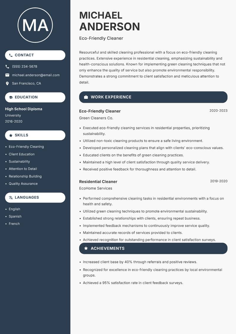 Maid Resume Preview Example