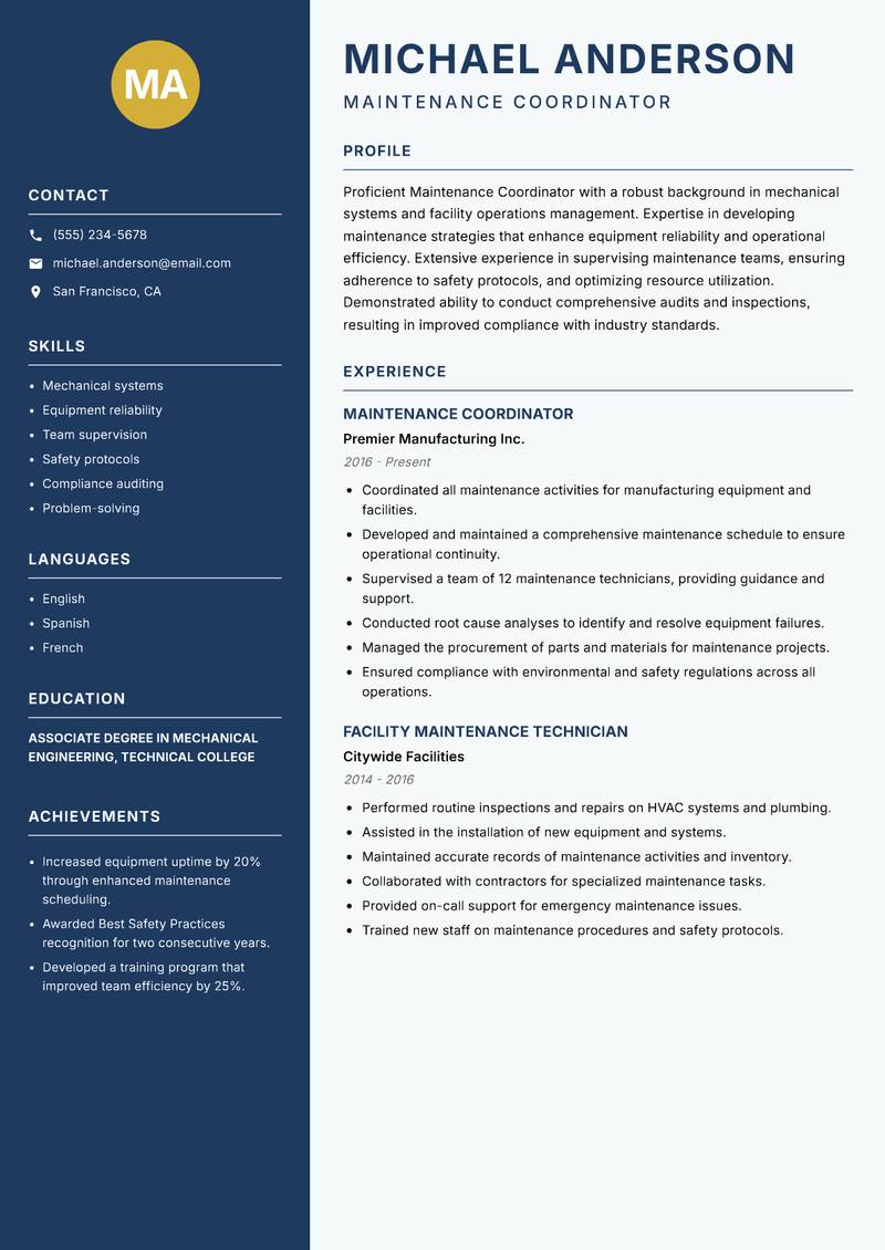 Maintenance Coordinator Resume Preview Example