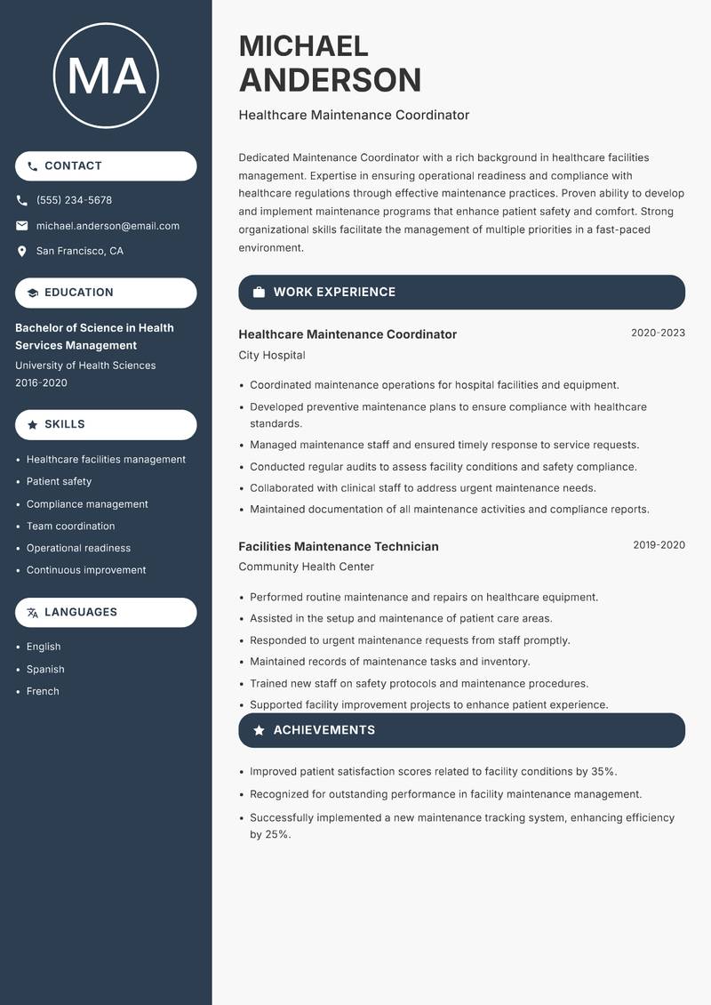 Maintenance Coordinator Resume Preview Example