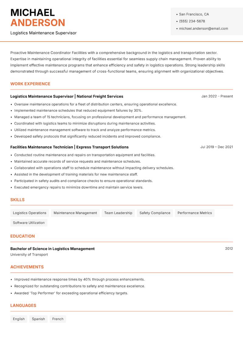 Maintenance Coordinator Facilities Resume Template