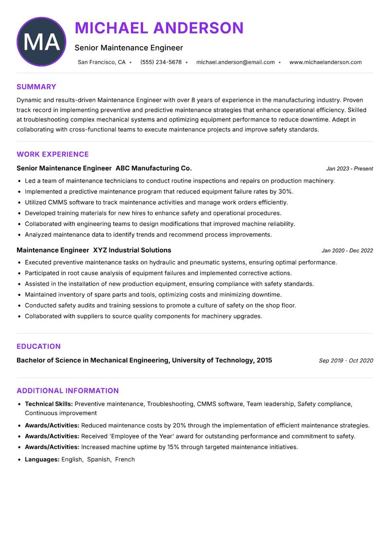 Maintenance Engineer Resume Preview Example