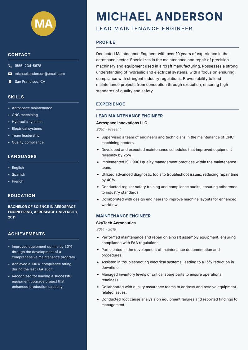 Maintenance Engineer Resume Preview Example