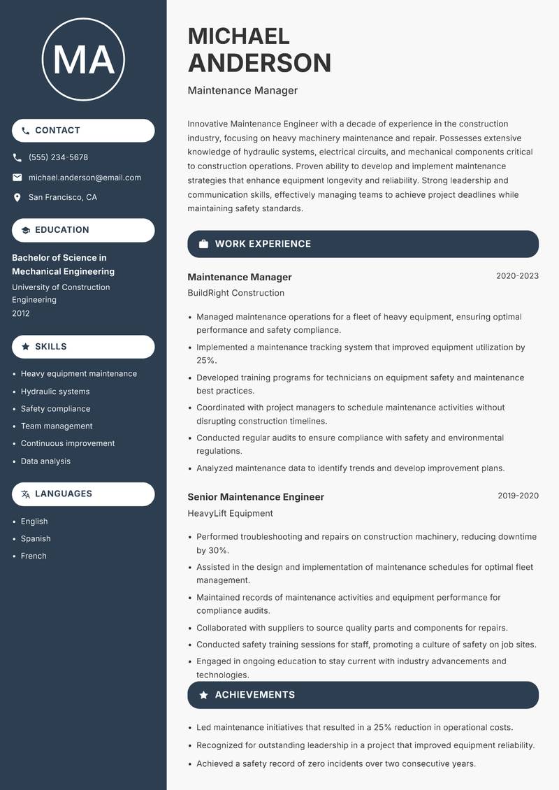 Maintenance Engineer Resume Preview Example