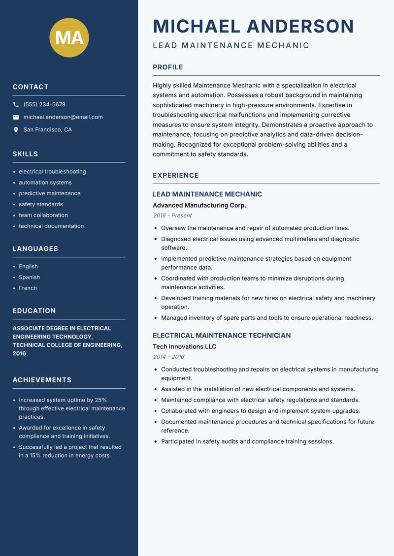 Maintenance Mechanic Resume Preview Example