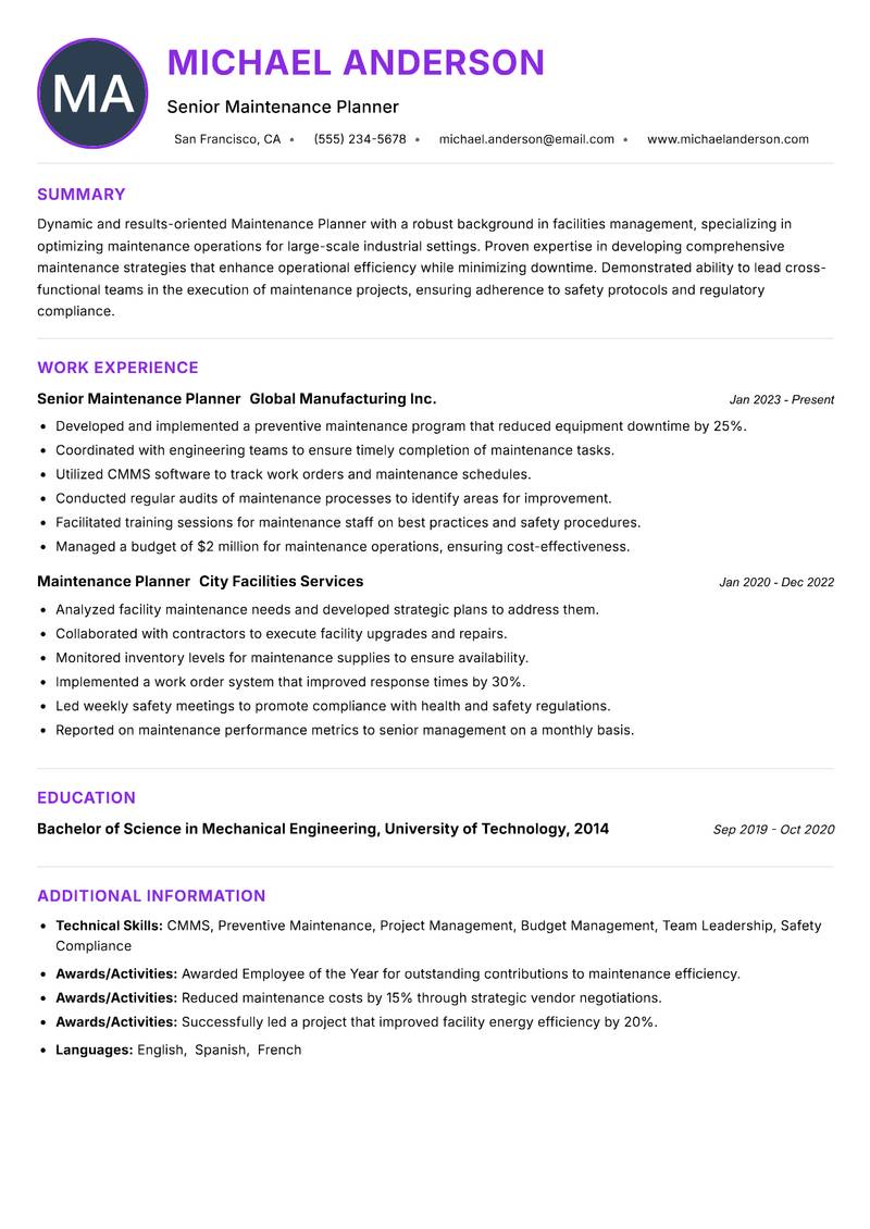 Maintenance Planner Facilities Resume Preview Example