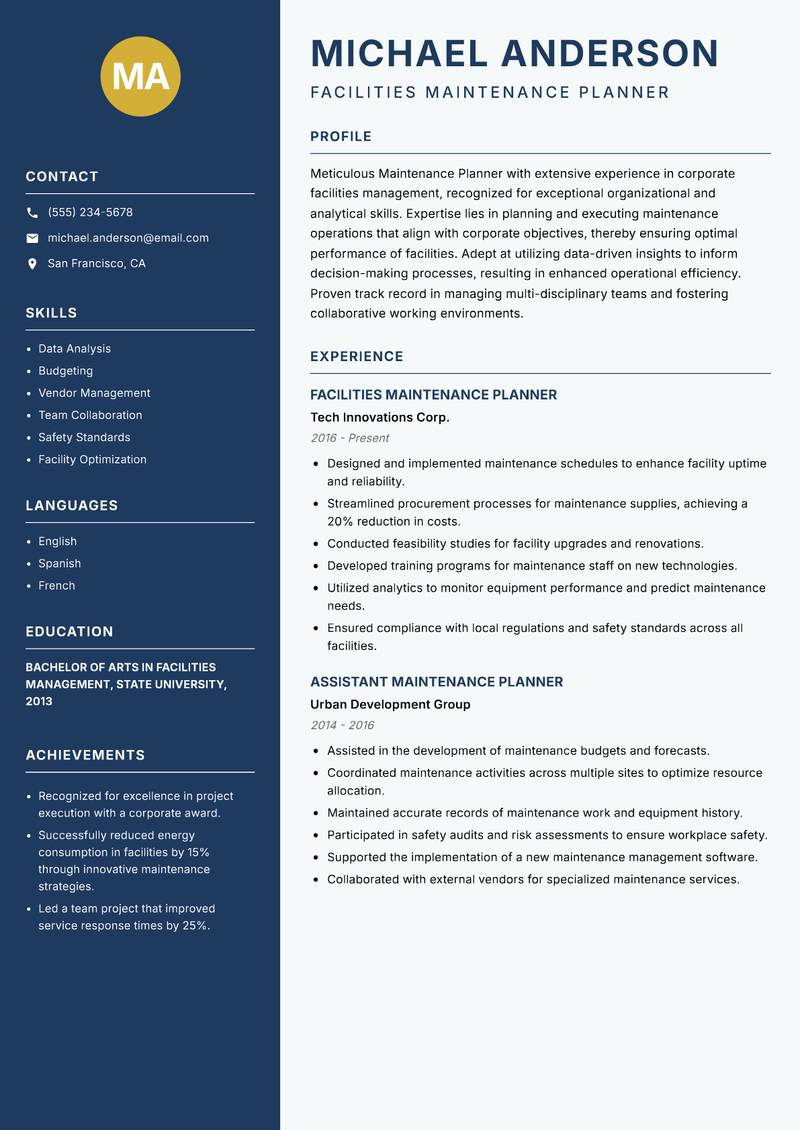 Maintenance Planner Facilities Resume Preview Example