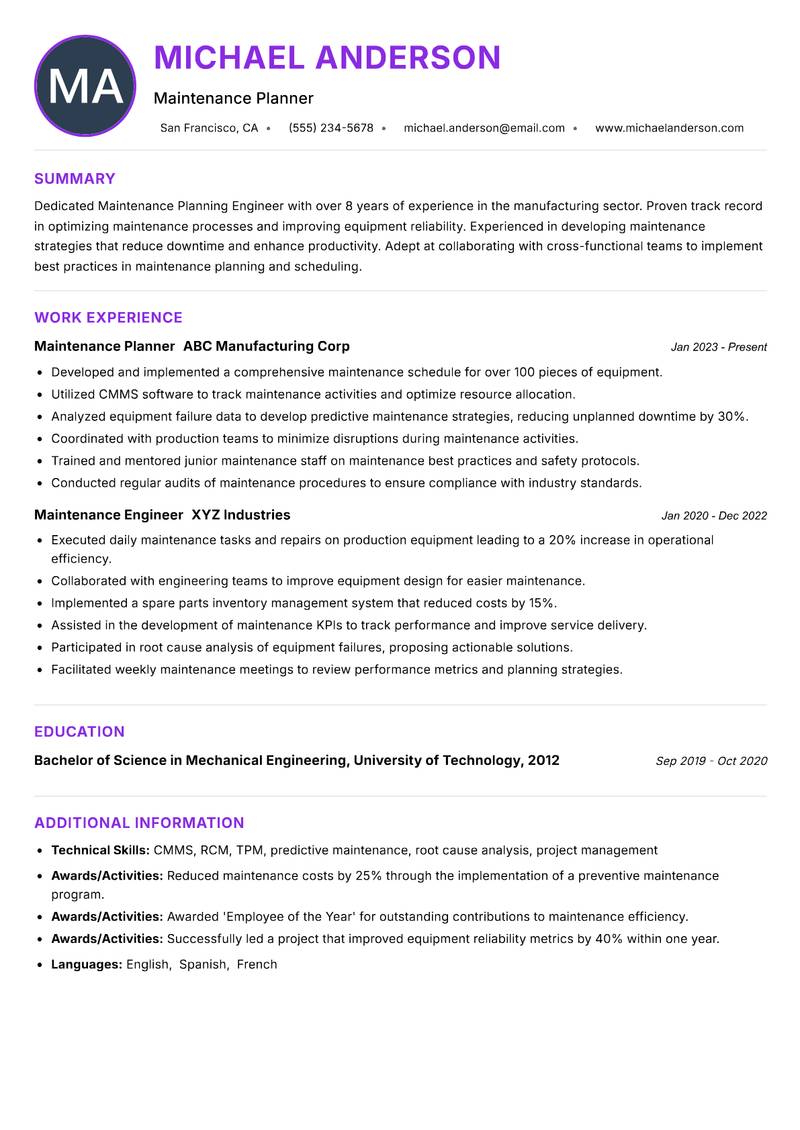 Maintenance Planning Engineer Resume Preview Example
