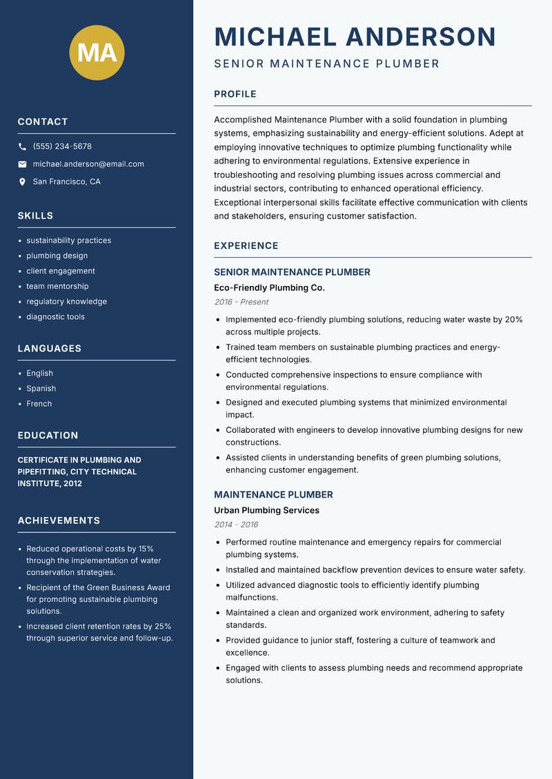 Maintenance Plumber Resume Preview Example