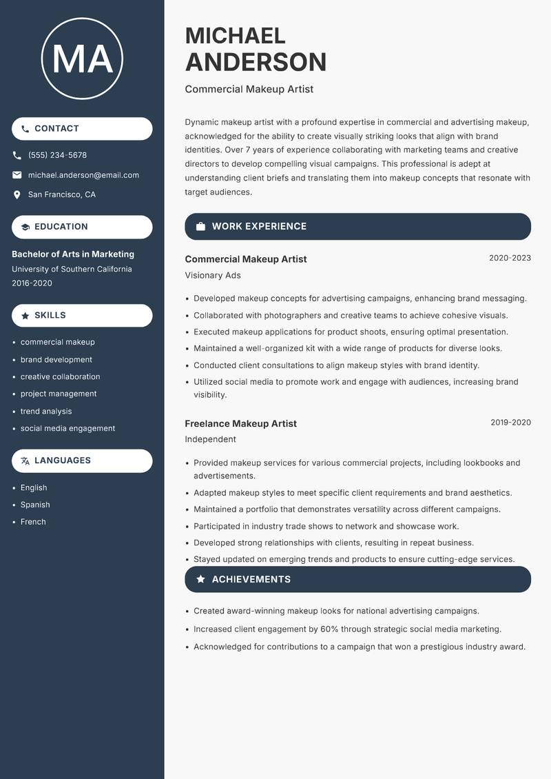 Makeup Artist Resume Preview Example