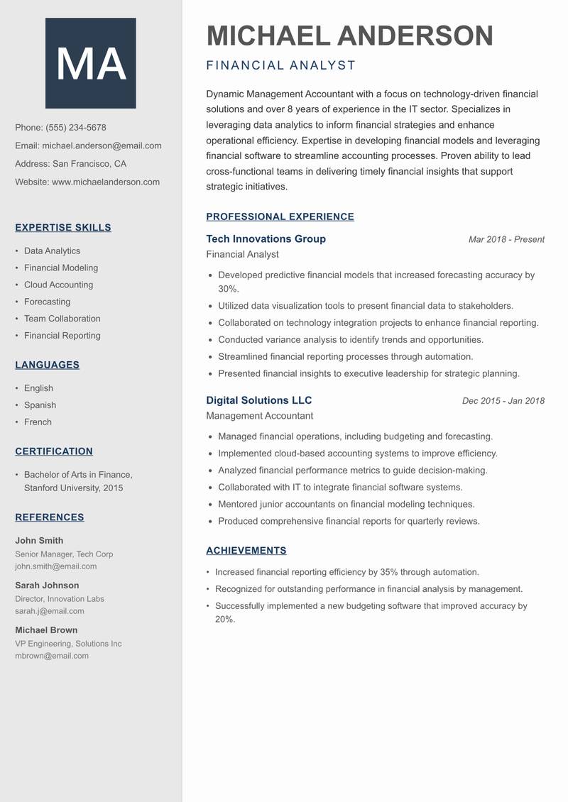 Management Accountant Resume Preview Example