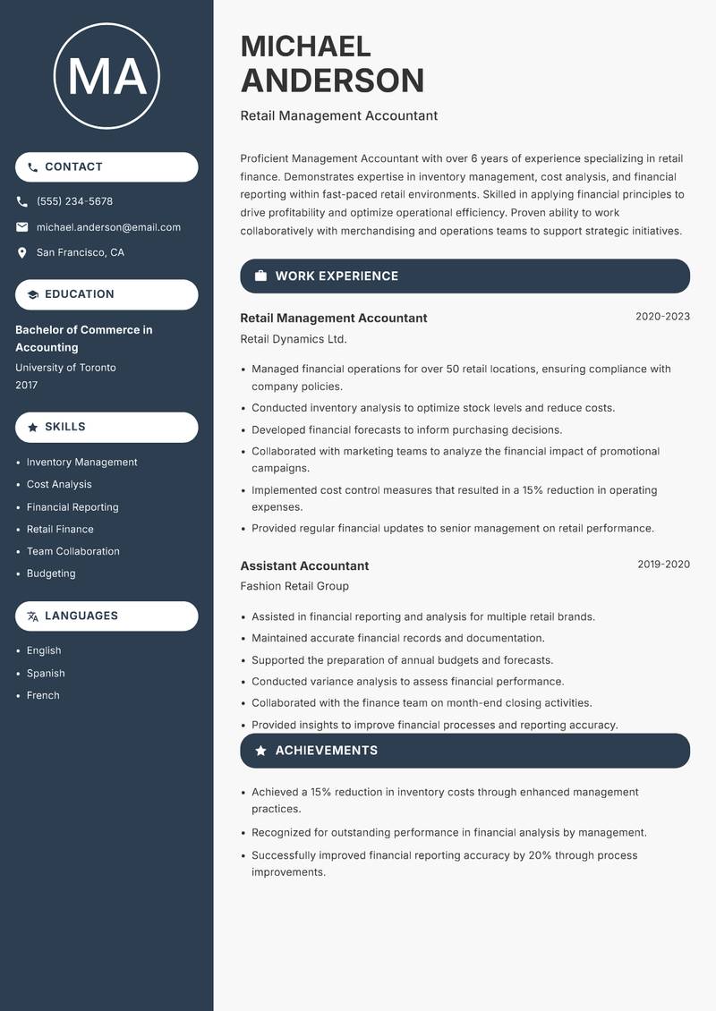 Management Accountant Resume Preview Example