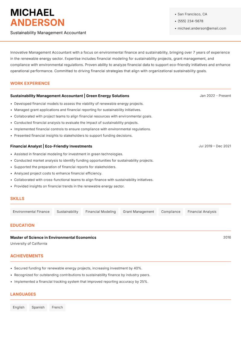 Management Accountant Resume Template