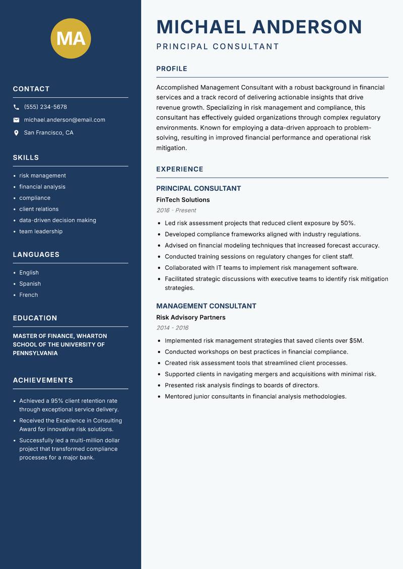 Management Consultant Resume Preview Example