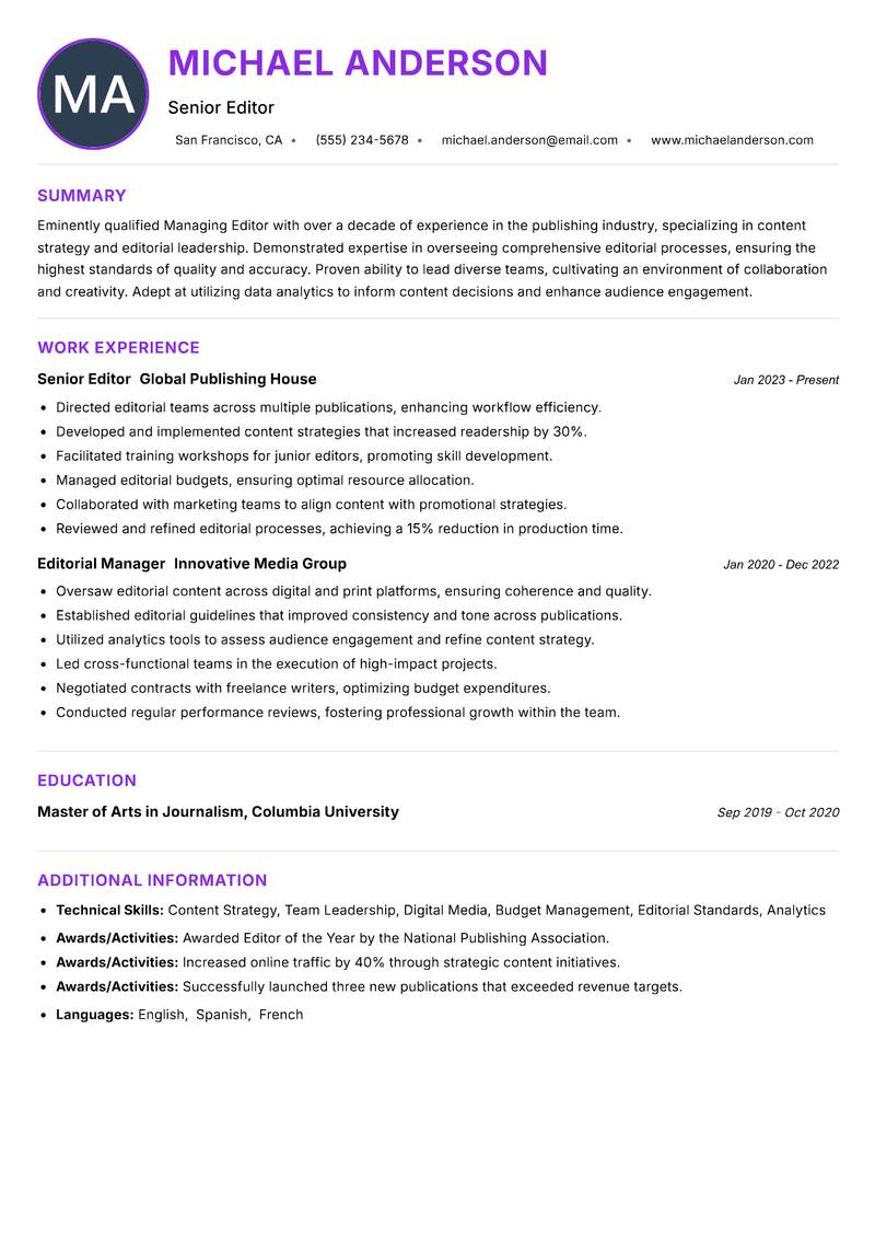 Managing Editor Resume Preview Example