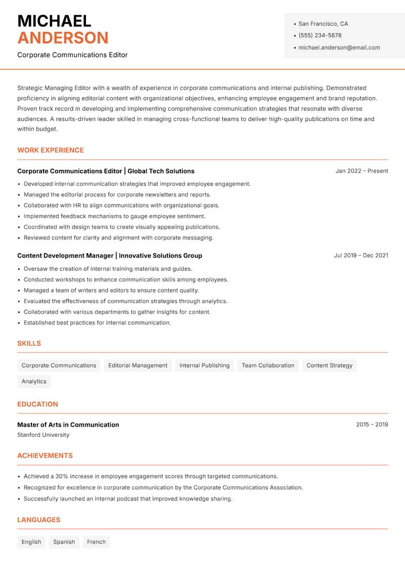 Managing Editor Resume Template
