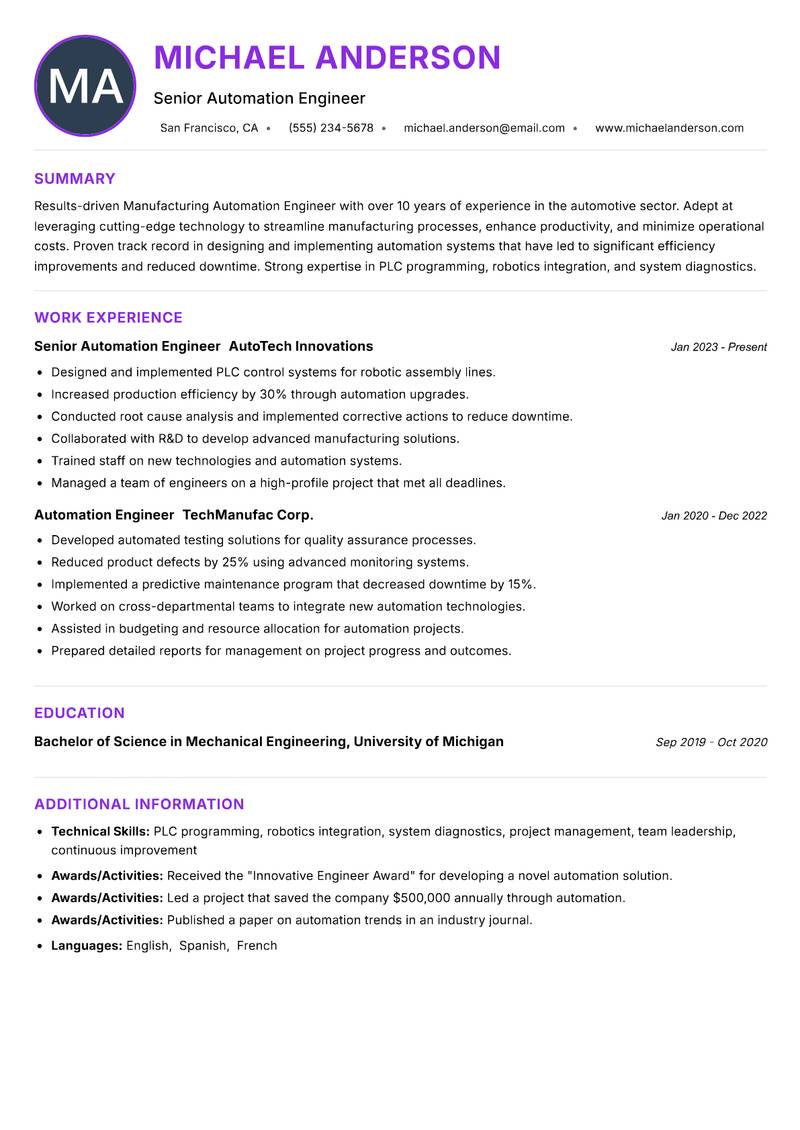 Manufacturing Automation Engineer Resume Preview Example