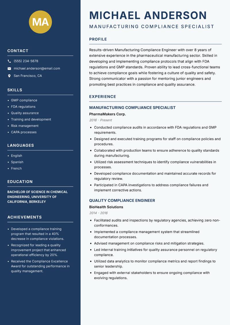 Manufacturing Compliance Engineer Resume Preview Example