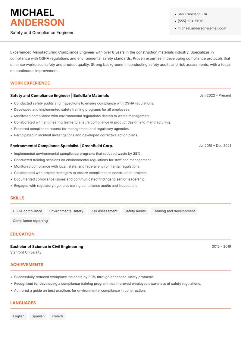 Manufacturing Compliance Engineer Resume Template