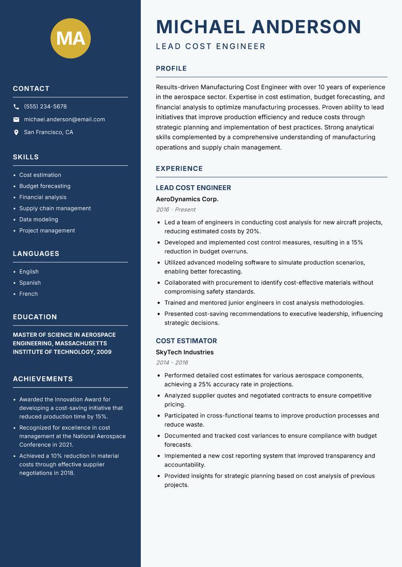 Manufacturing Cost Engineer Resume Preview Example