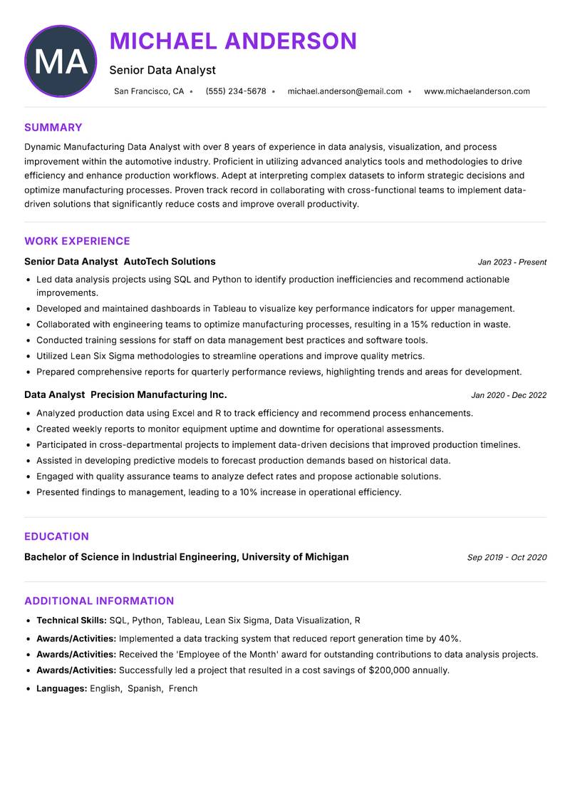Manufacturing Data Analyst Resume Preview Example