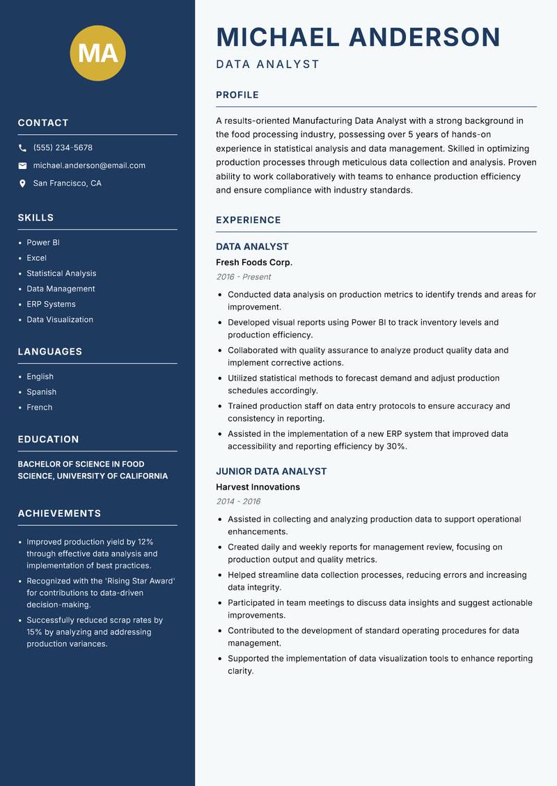 Manufacturing Data Analyst Resume Preview Example