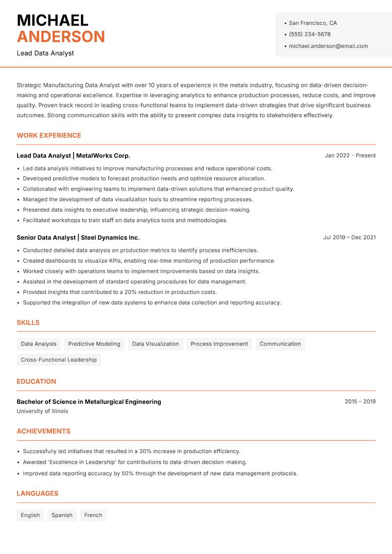 Manufacturing Data Analyst Resume Template