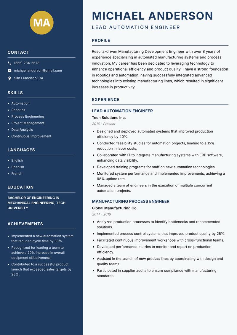 Manufacturing Development Engineer Resume Preview Example