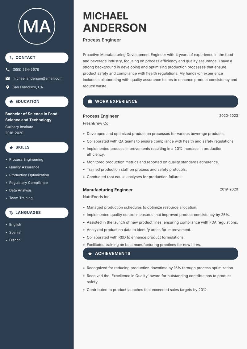 Manufacturing Development Engineer Resume Preview Example