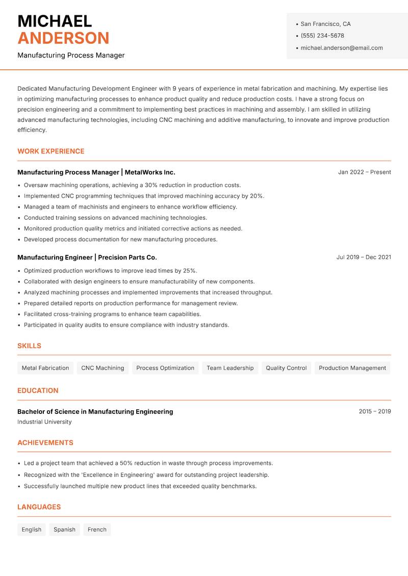 Manufacturing Development Engineer Resume Template
