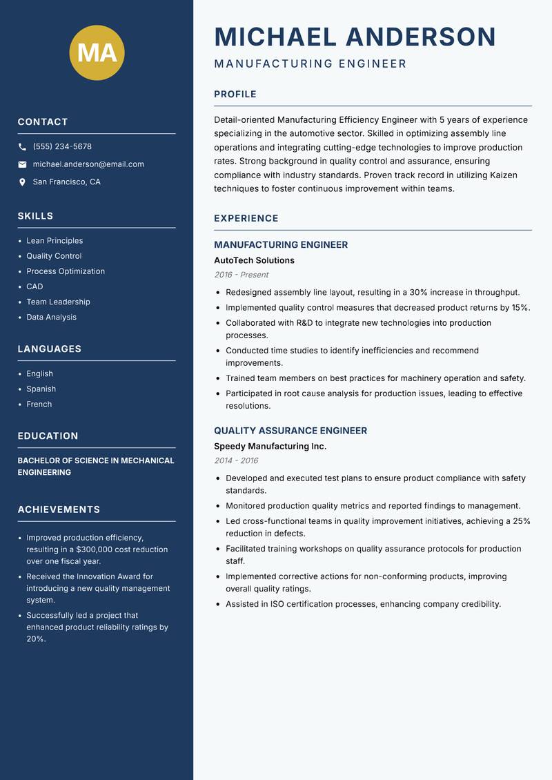 Manufacturing Efficiency Engineer Resume Preview Example