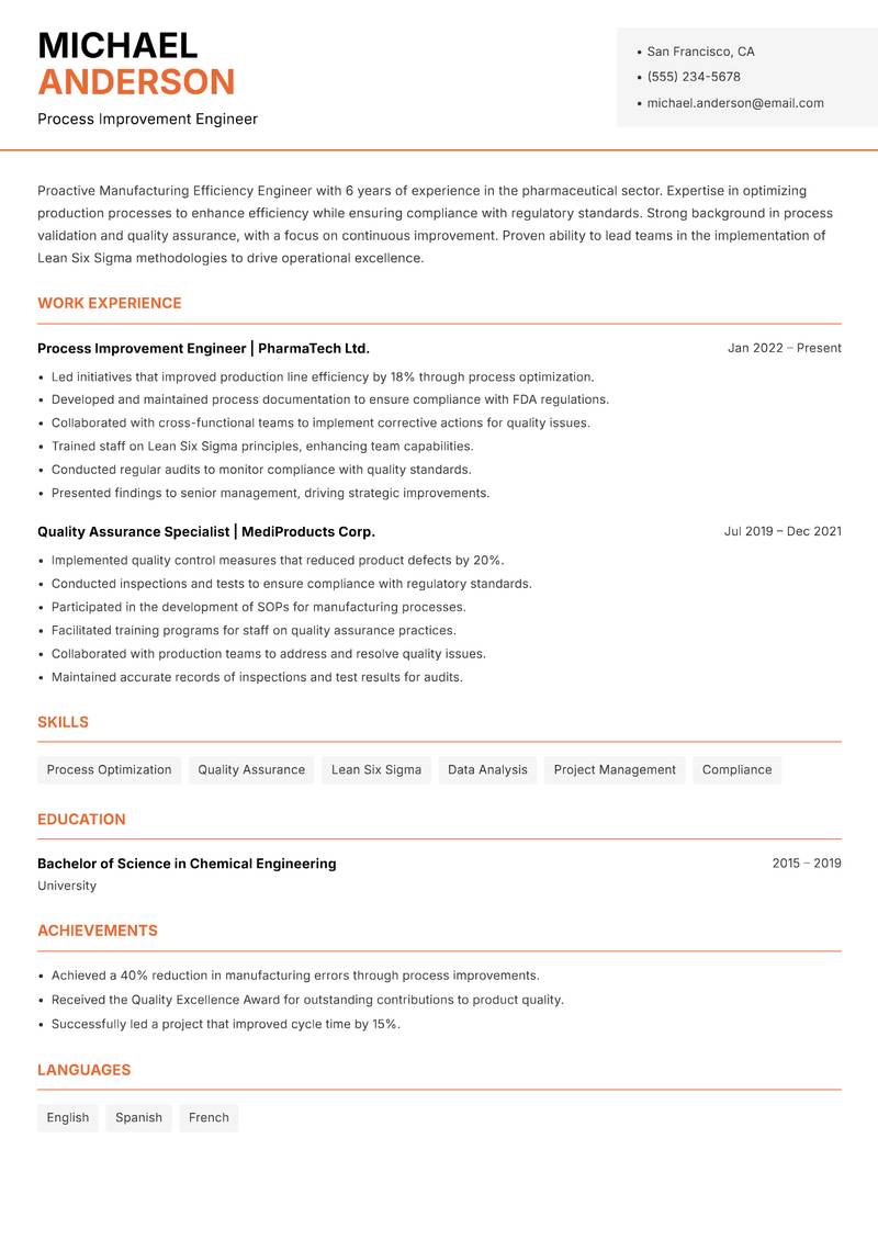 Manufacturing Efficiency Engineer Resume Template