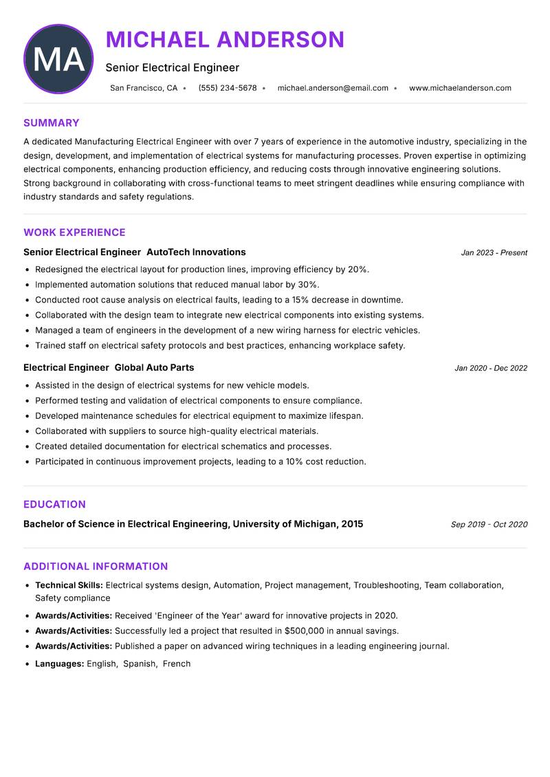 Manufacturing Electrical Engineer Resume Preview Example