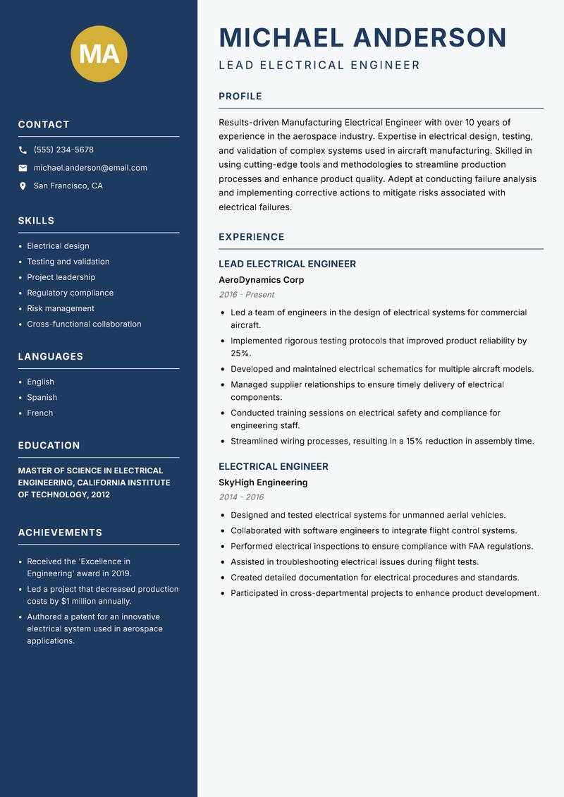 Manufacturing Electrical Engineer Resume Preview Example